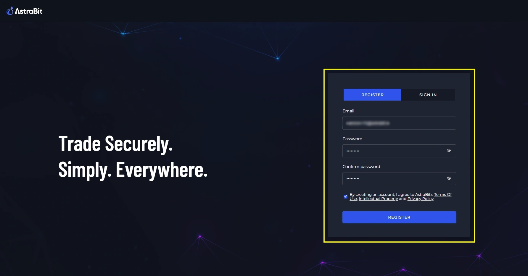 AstraBit registration page with email, password fields, and Register button.