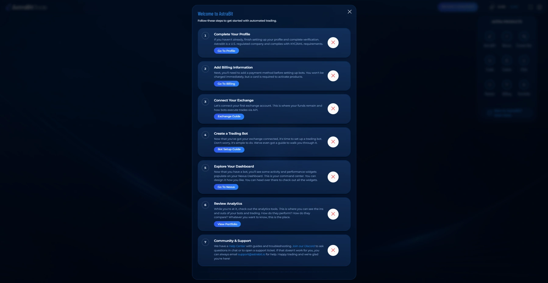 The Welcome to AstraBit new user checklist with its seven getting-started steps.