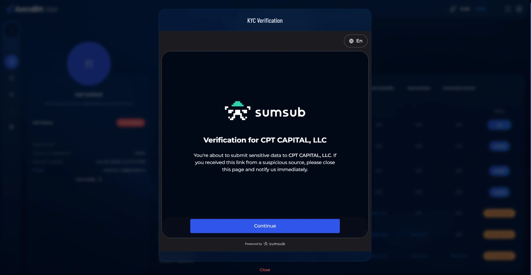 Sumsub KYC verification welcome screen for AstraBit users.