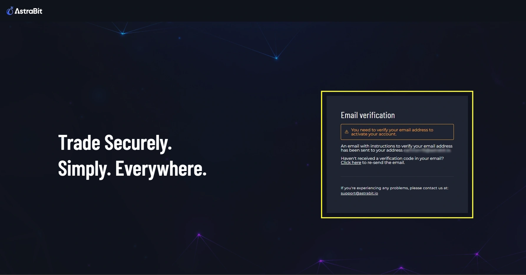 AstraBit verification screen indicating a confirmation code has been sent to the user's email.