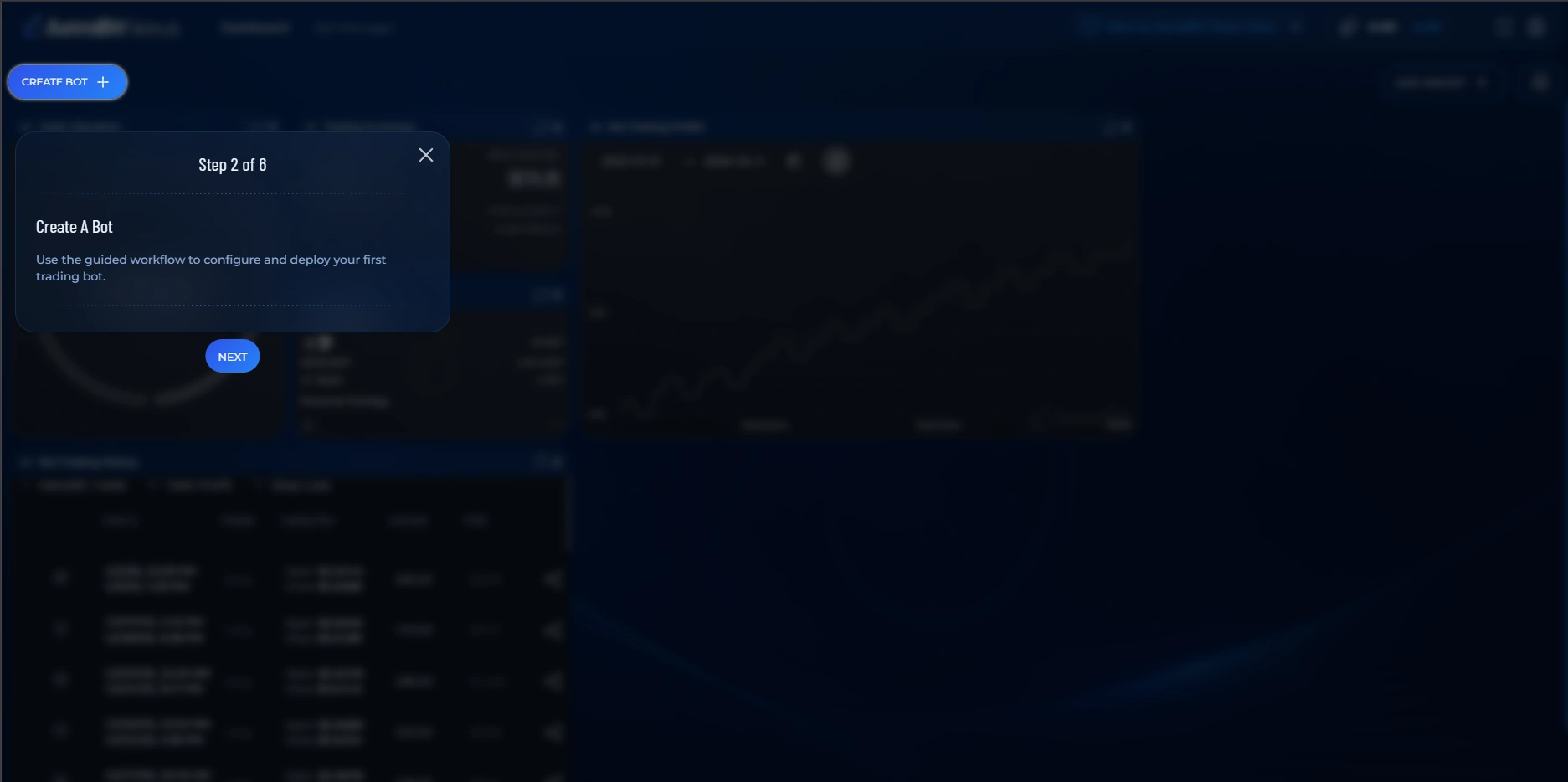 Interactive guide highlighting the Create a Bot area of the Nexus Dashboard.