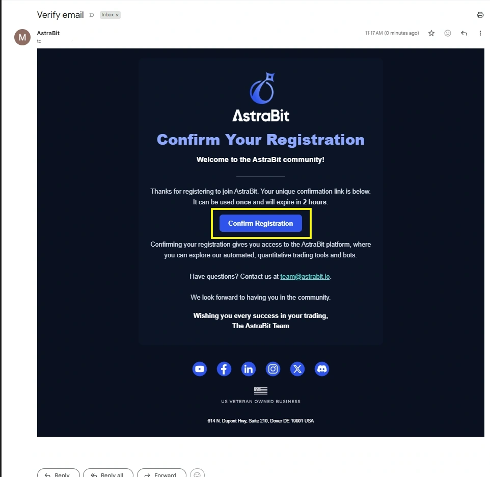 AstraBit confirmation screen with verification code entry field and Confirm Registration button.