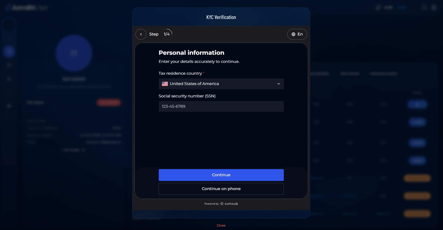 Tax residency and social security information form during AstraBit KYC verification.