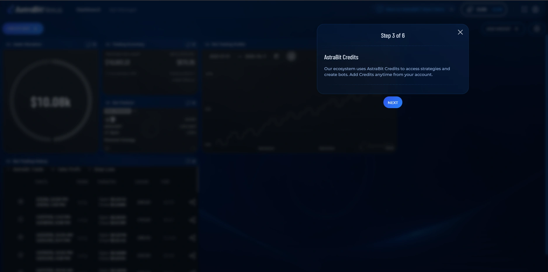 Interactive guide highlighting the AstraBit Credits area of the Nexus Dashboard.