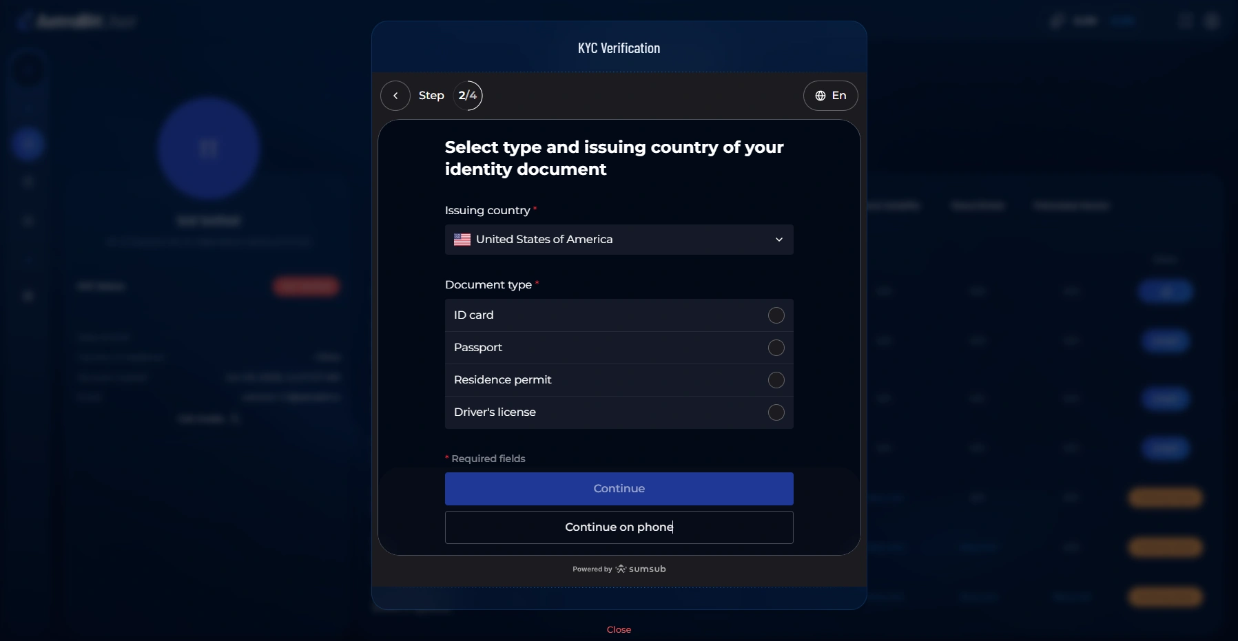 AstraBit KYC document type selection screen.