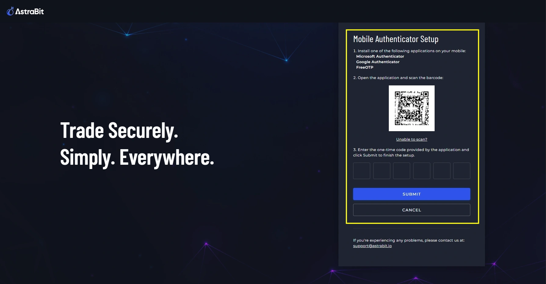 AstraBit screen confirming that two-factor authentication has been enabled.