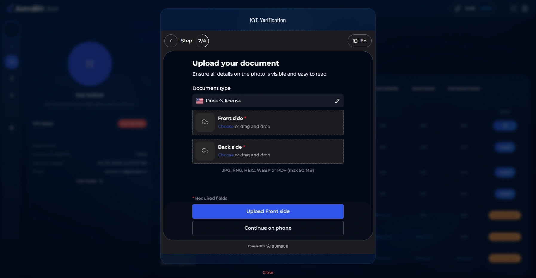 Upload driver's license images for AstraBit identity verification.