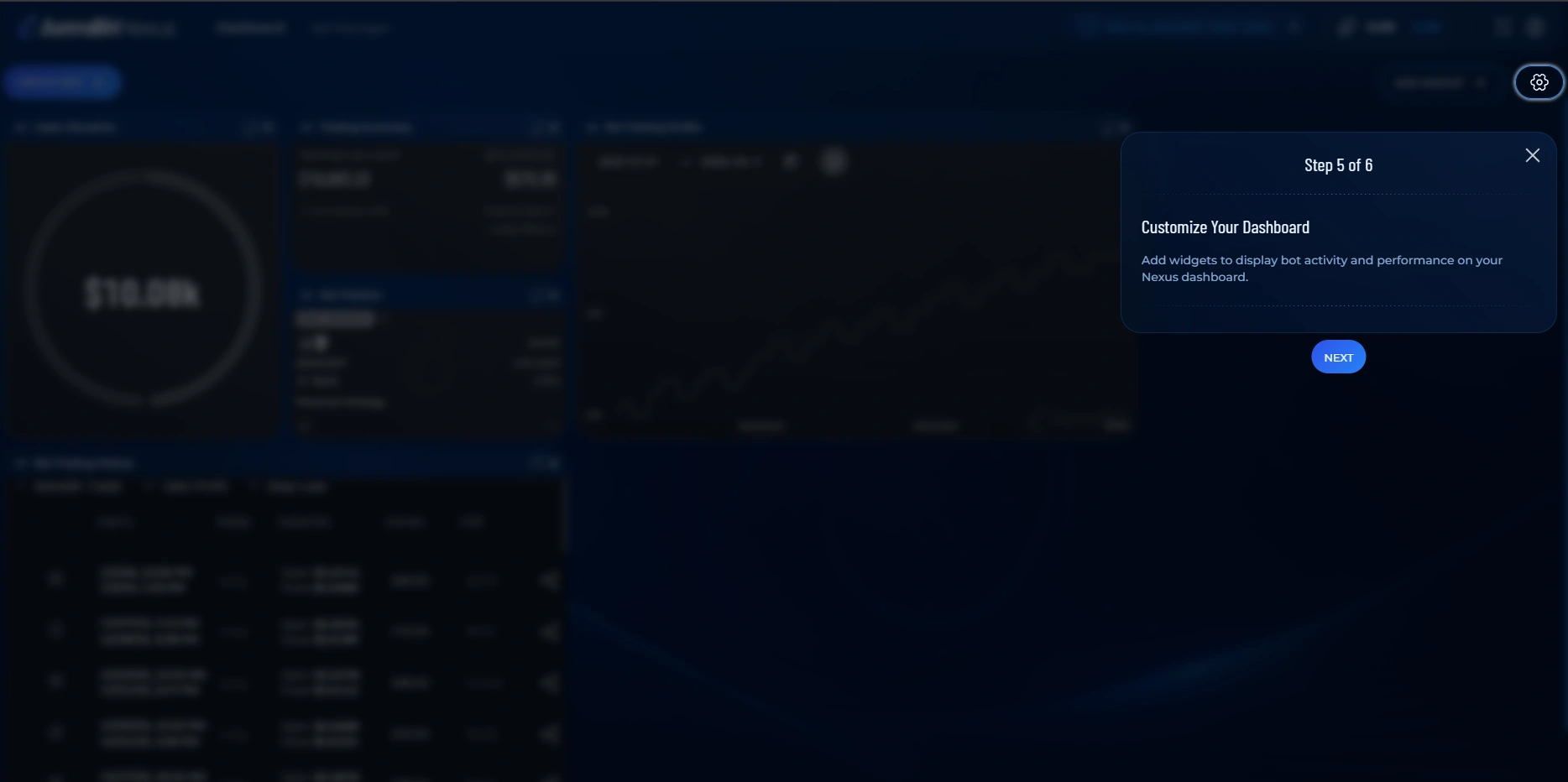 Interactive guide highlighting the widget customization area of the Nexus Dashboard.