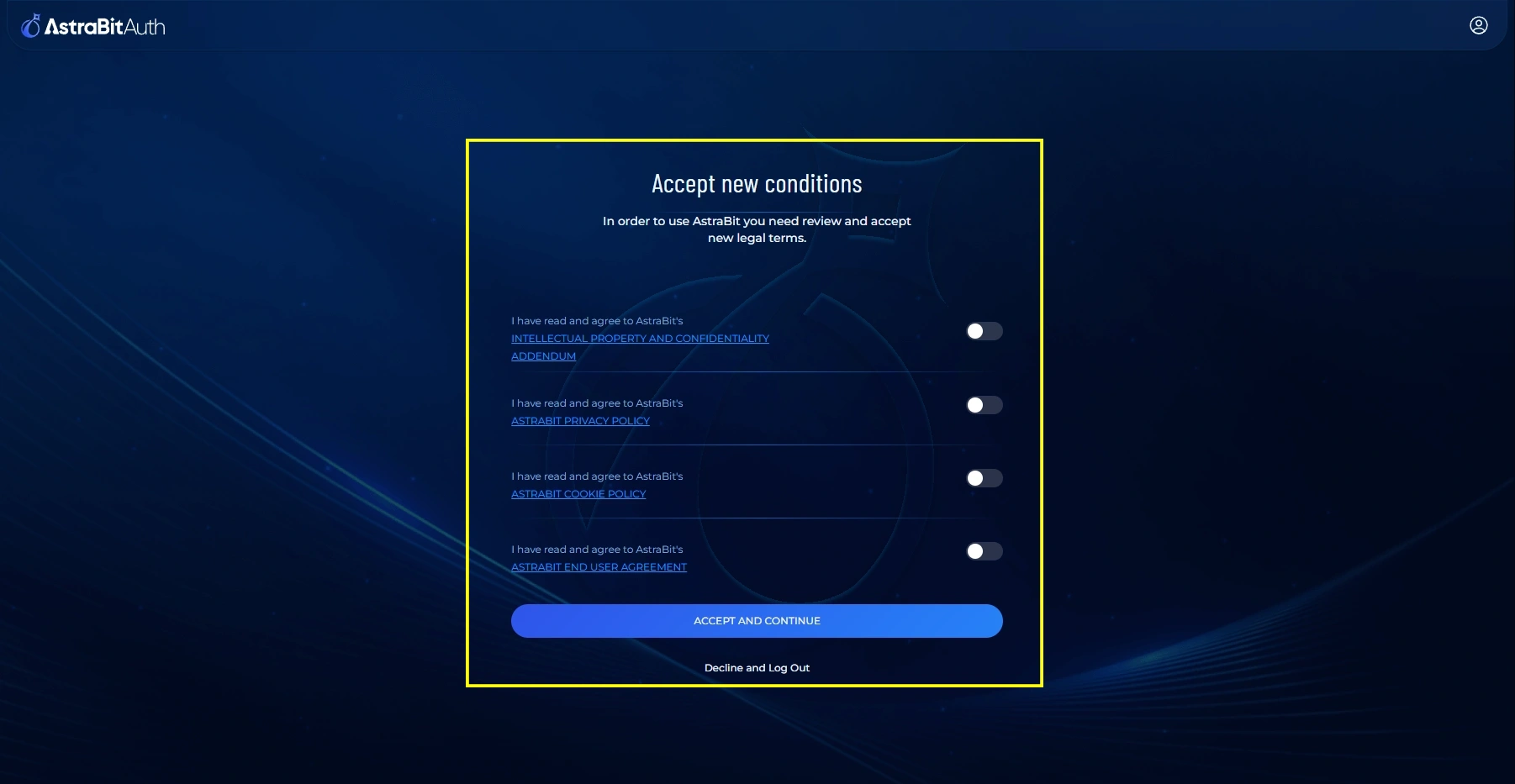 AstraBit screen for accepting terms and conditions and selecting account type.