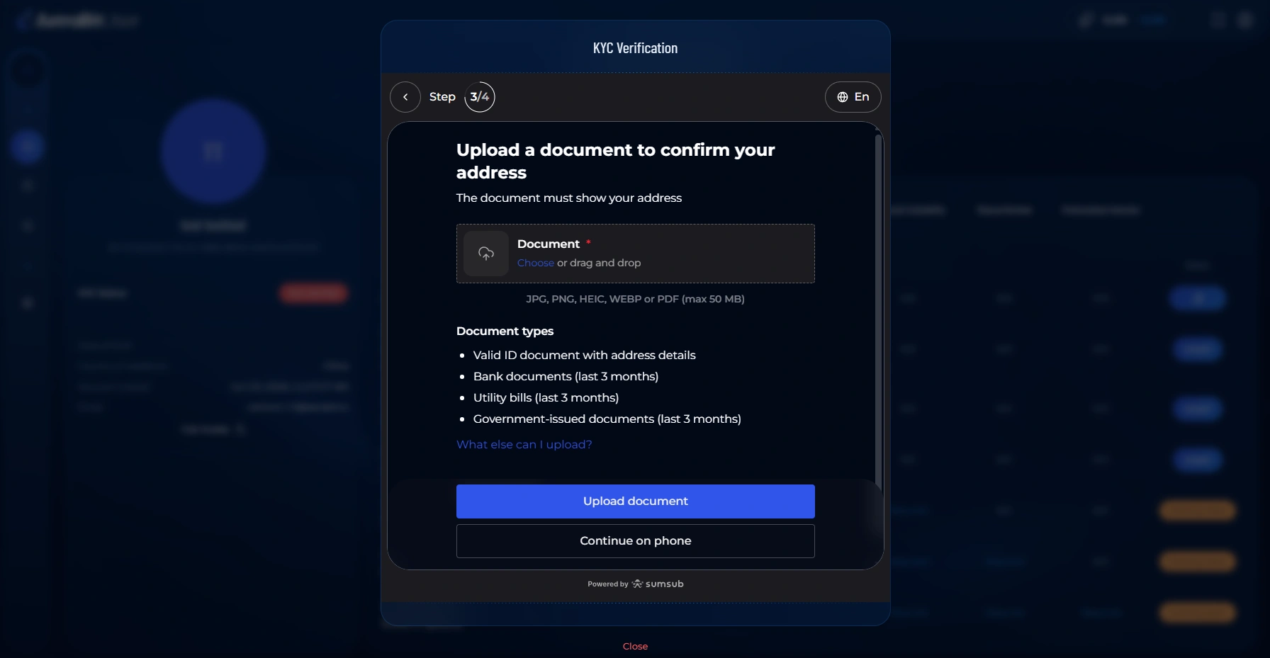 Upload proof of address document during AstraBit KYC verification.