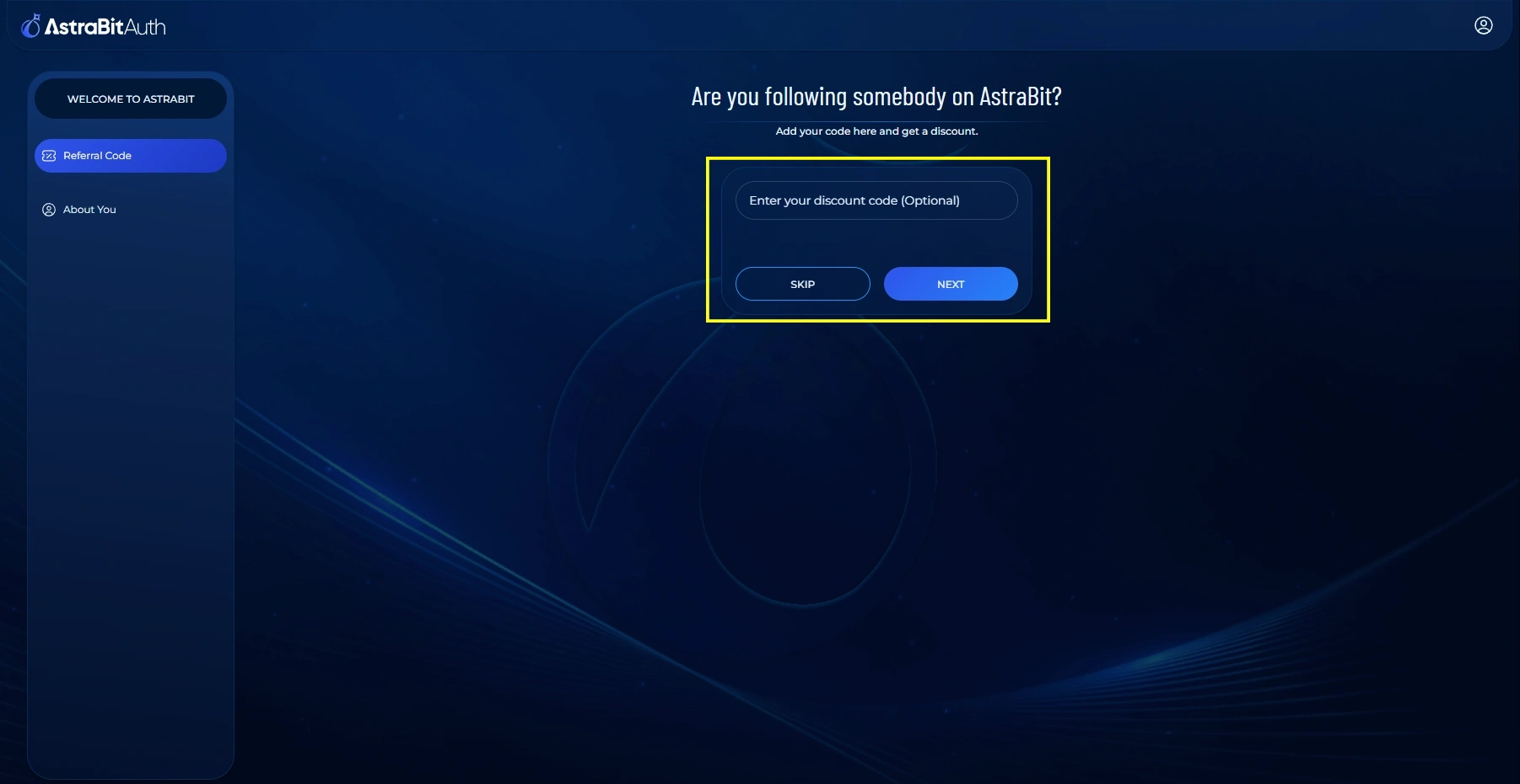 AstraBit referral code entry screen during account onboarding.