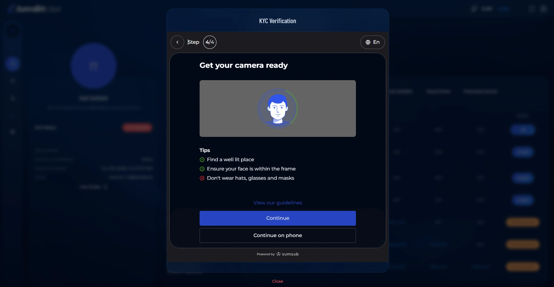 AstraBit KYC liveness check preparation screen.
