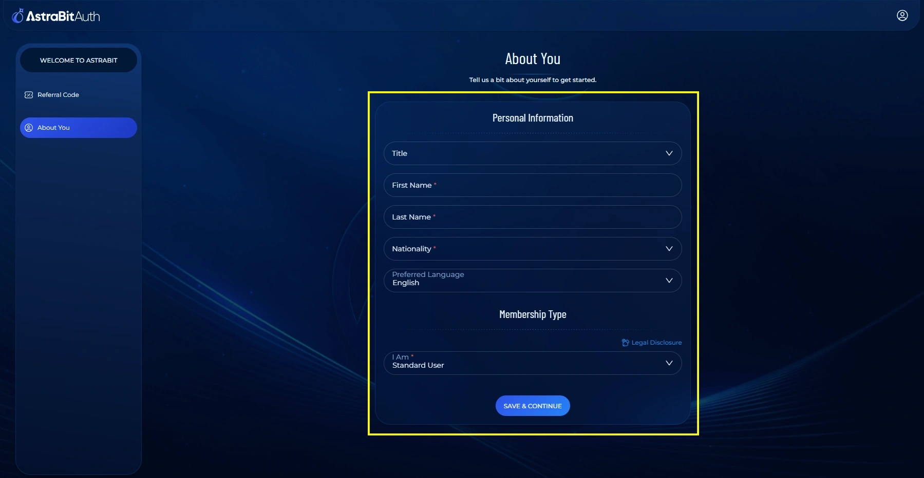 AstraBit onboarding form for entering personal profile information.