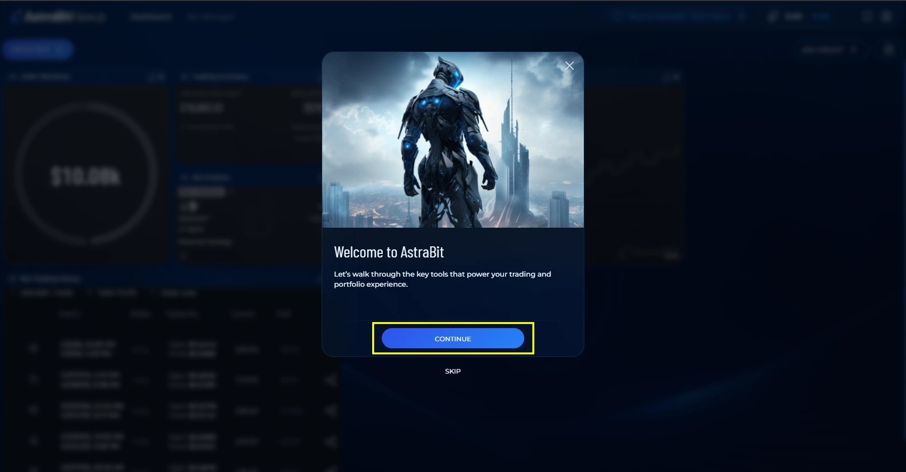 AstraBit Nexus dashboard displayed after completing account registration.