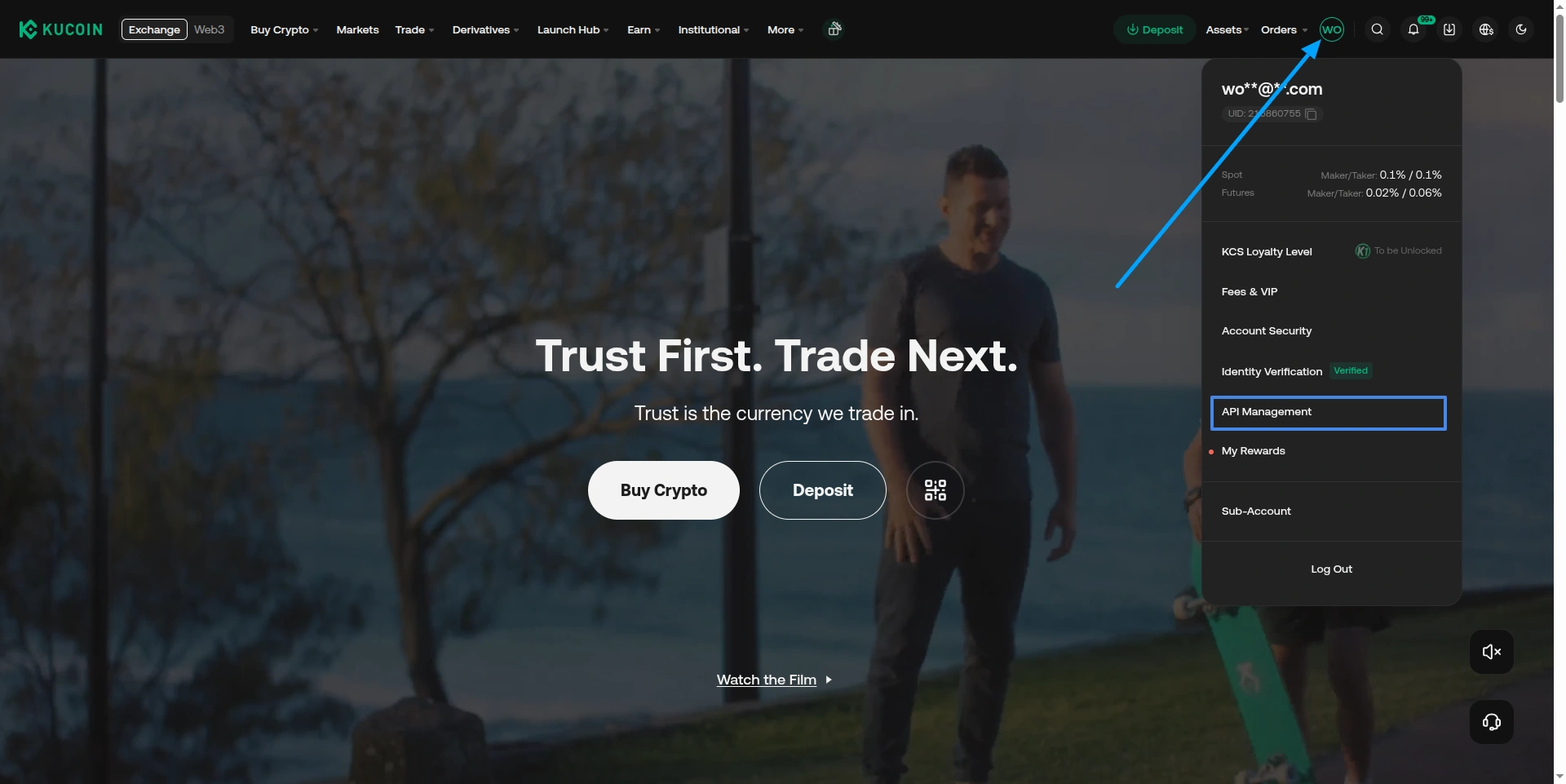 KuCoin profile menu with API Management option.