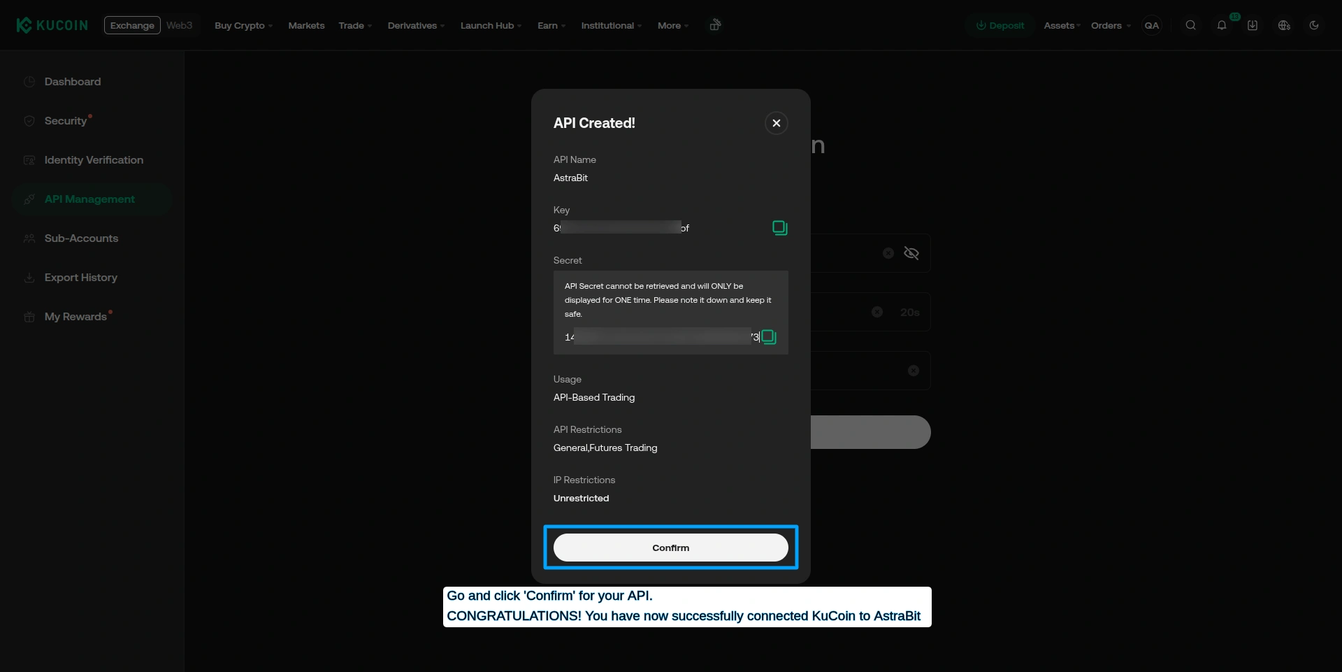 AstraBit KuCoin API connection form.