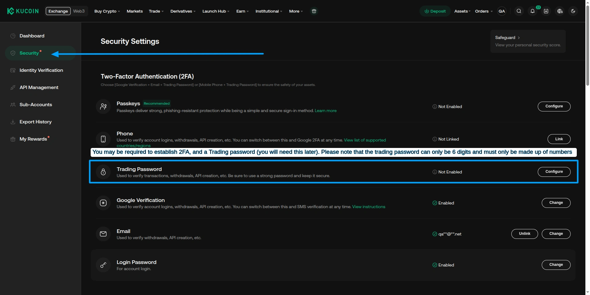 KuCoin API Management screen with Create API button.