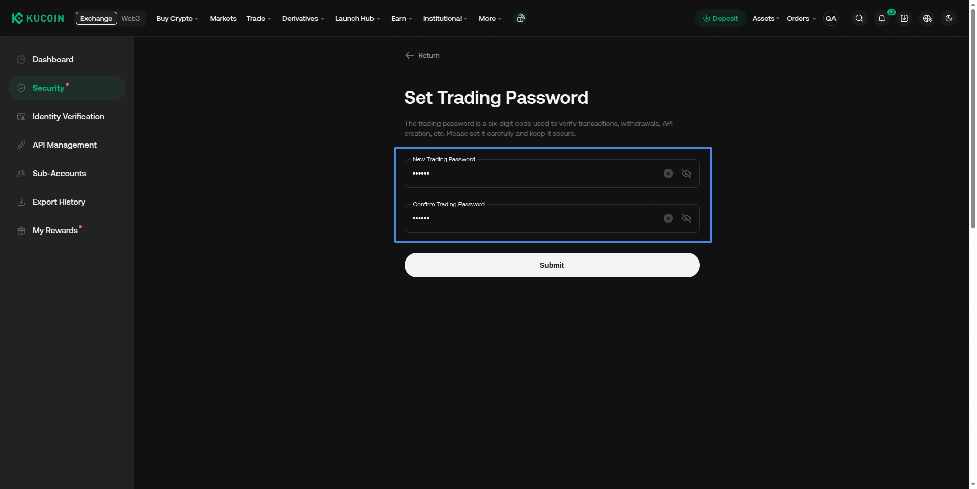 KuCoin Create API option selecting API Trading.