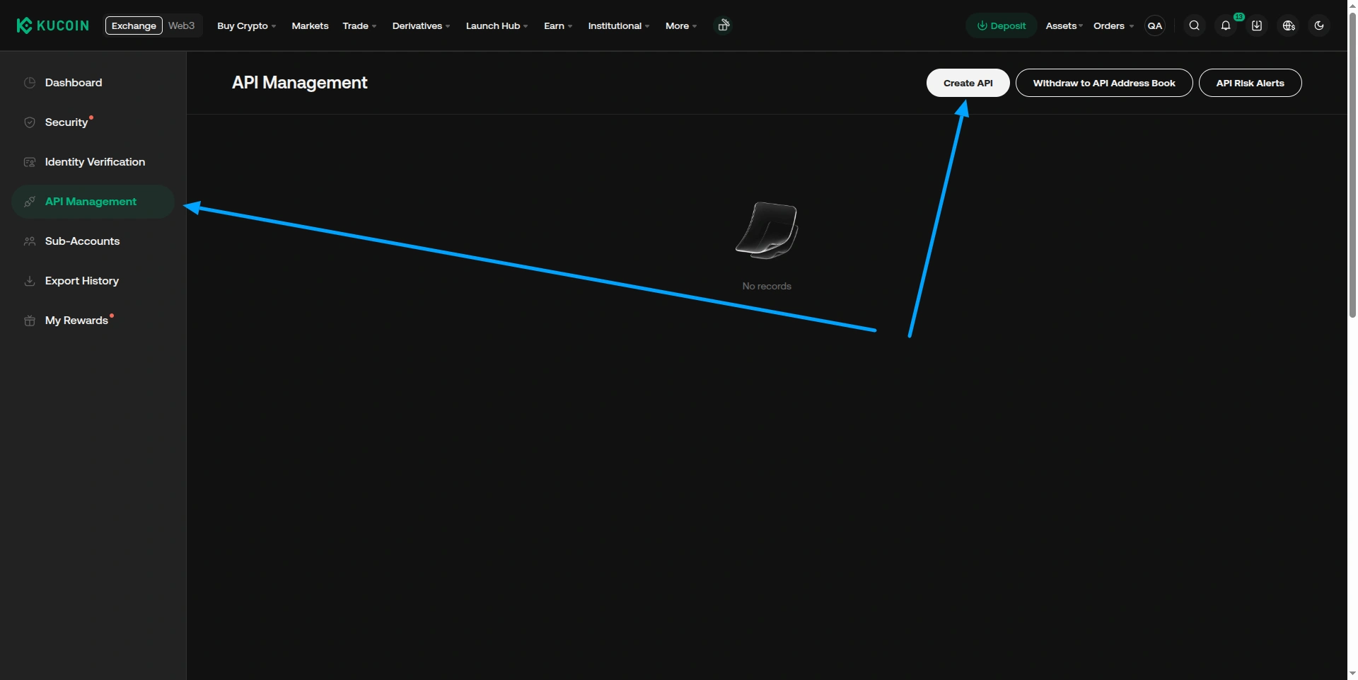KuCoin API name and passphrase entry.