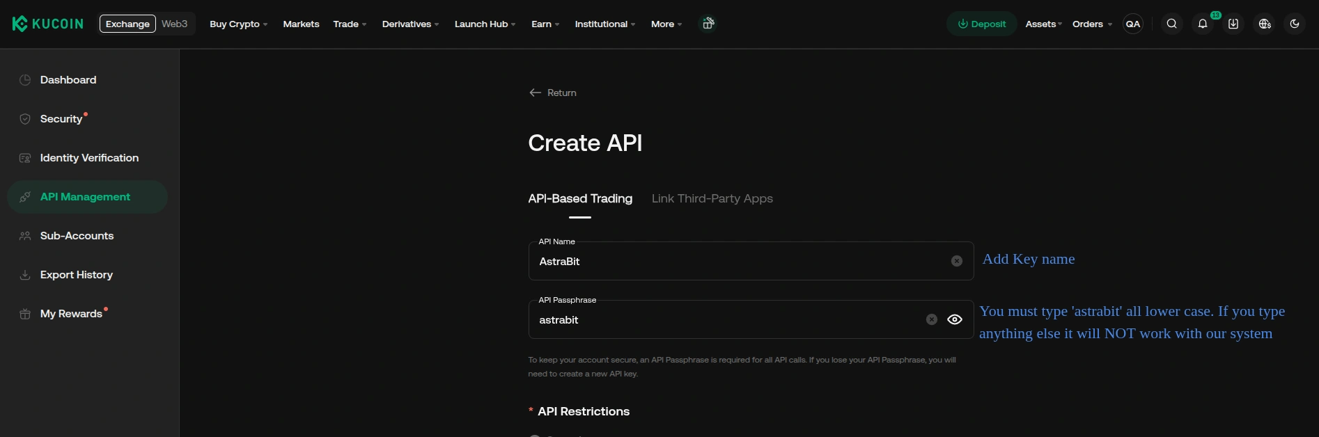 KuCoin API permissions selection.