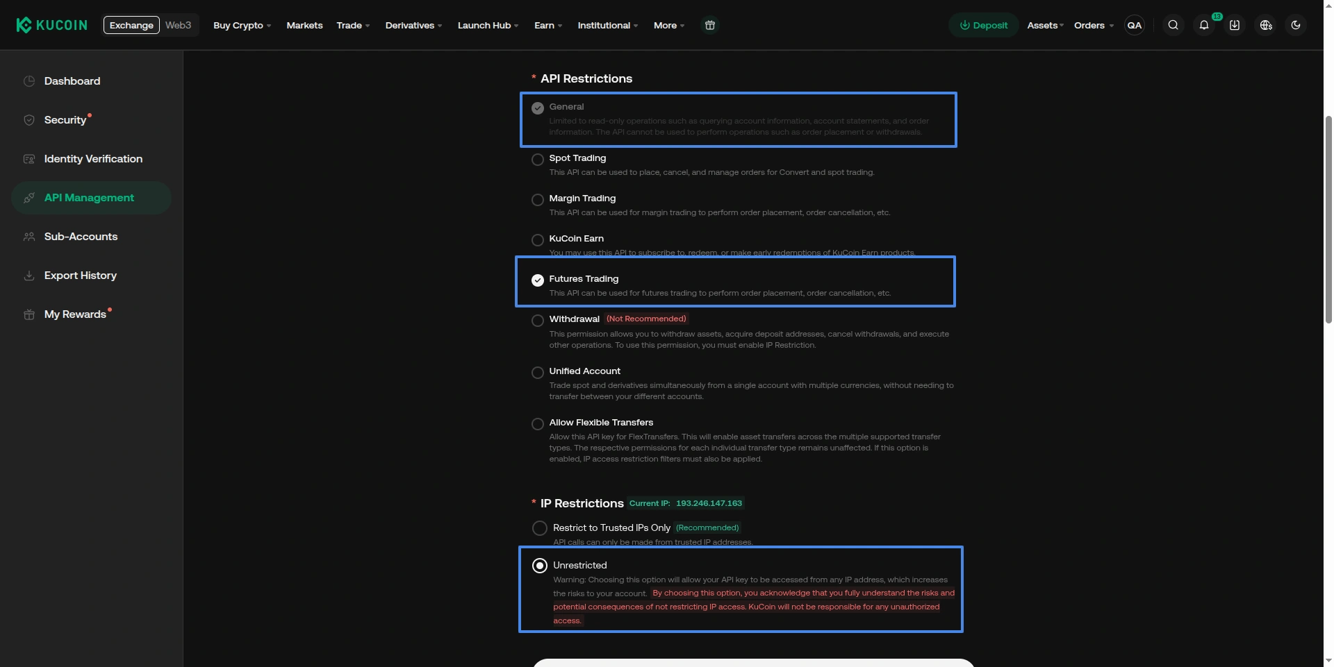 KuCoin API IP whitelist and permission confirmation.