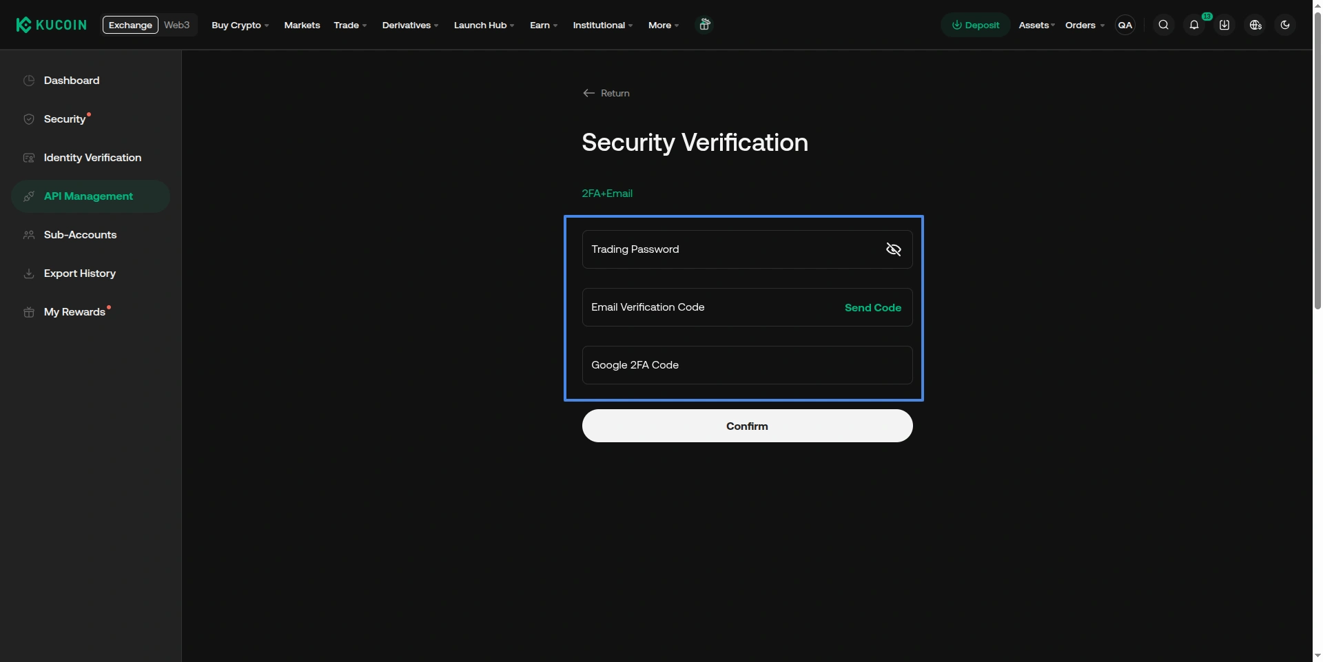 KuCoin security verification screen.