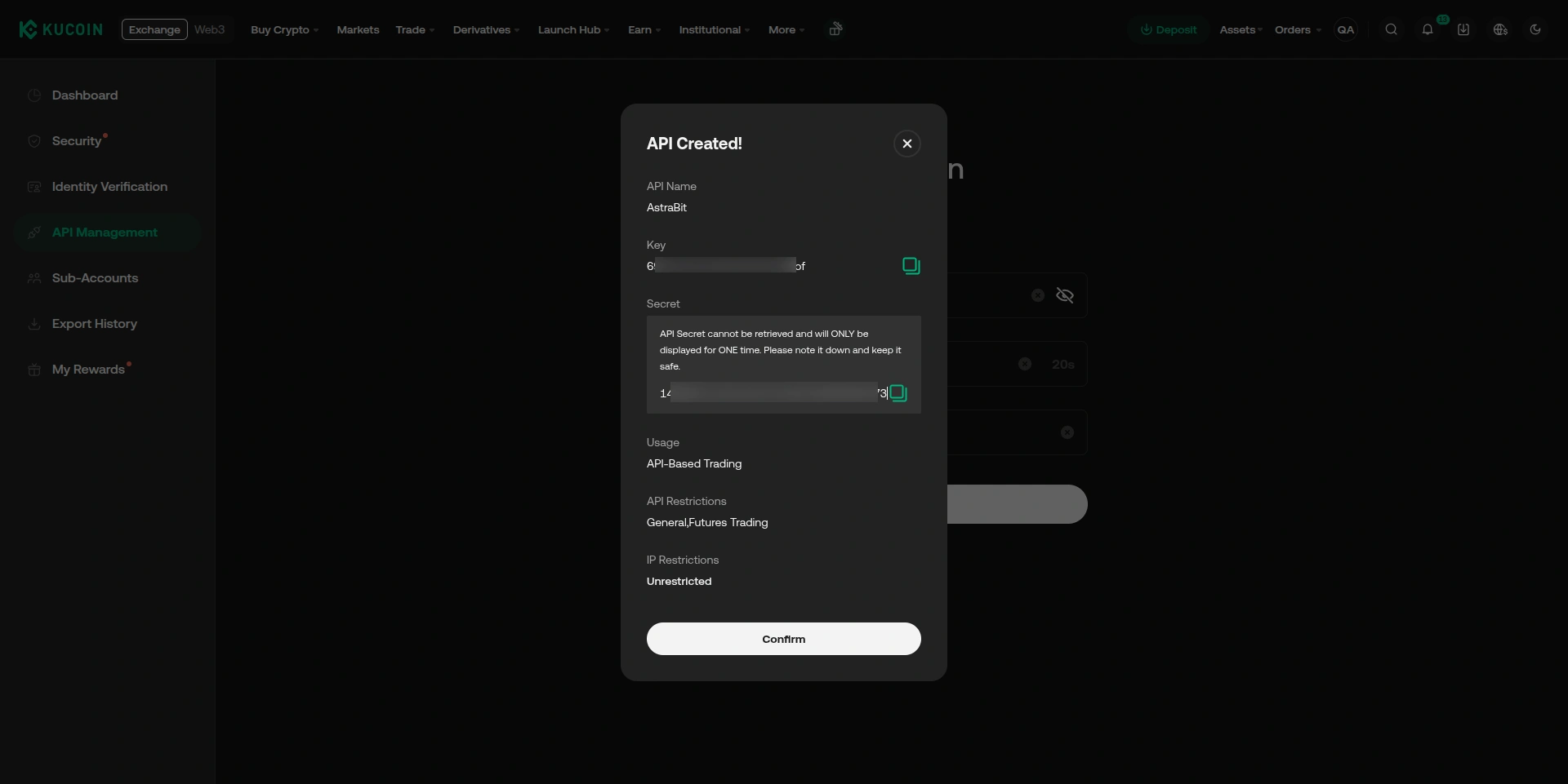 KuCoin API key and secret key display.