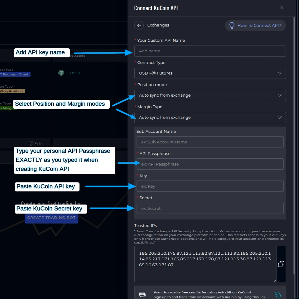 AstraBit Exchanges page with Connect KuCoin option.