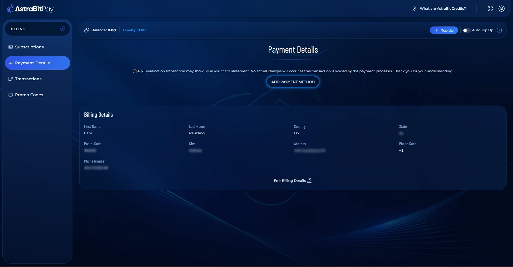 AstraBit Pay add payment method screen with credit or debit card fields.