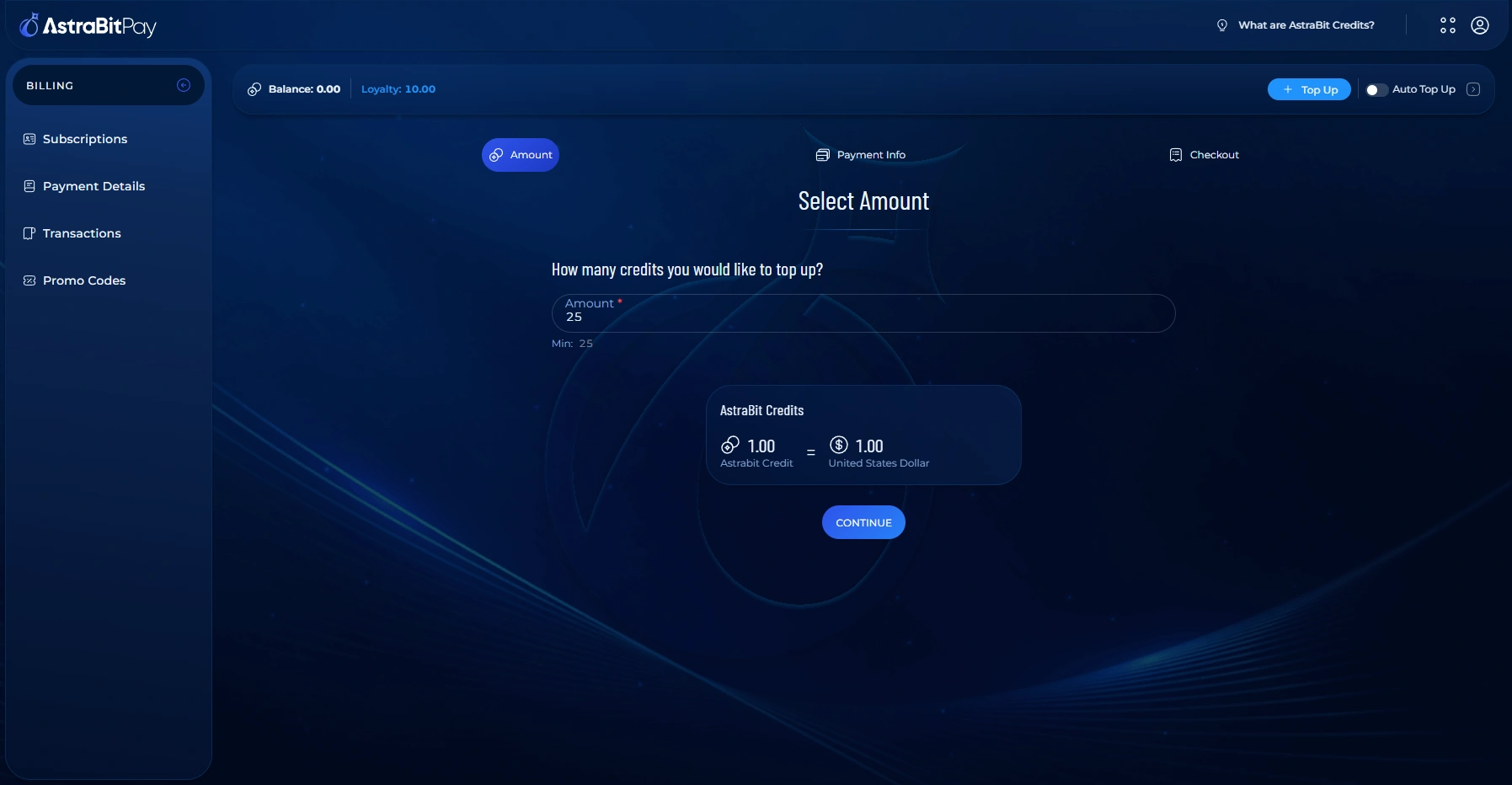 AstraBit top-up screen where you choose how many Credits to purchase.