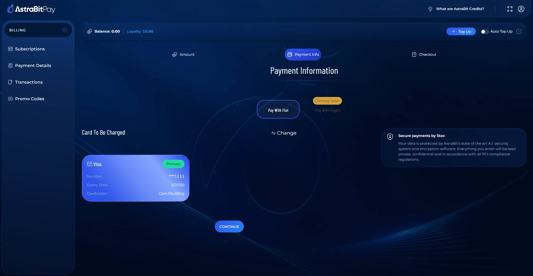 AstraBit billing screen showing available payment methods for buying Credits.