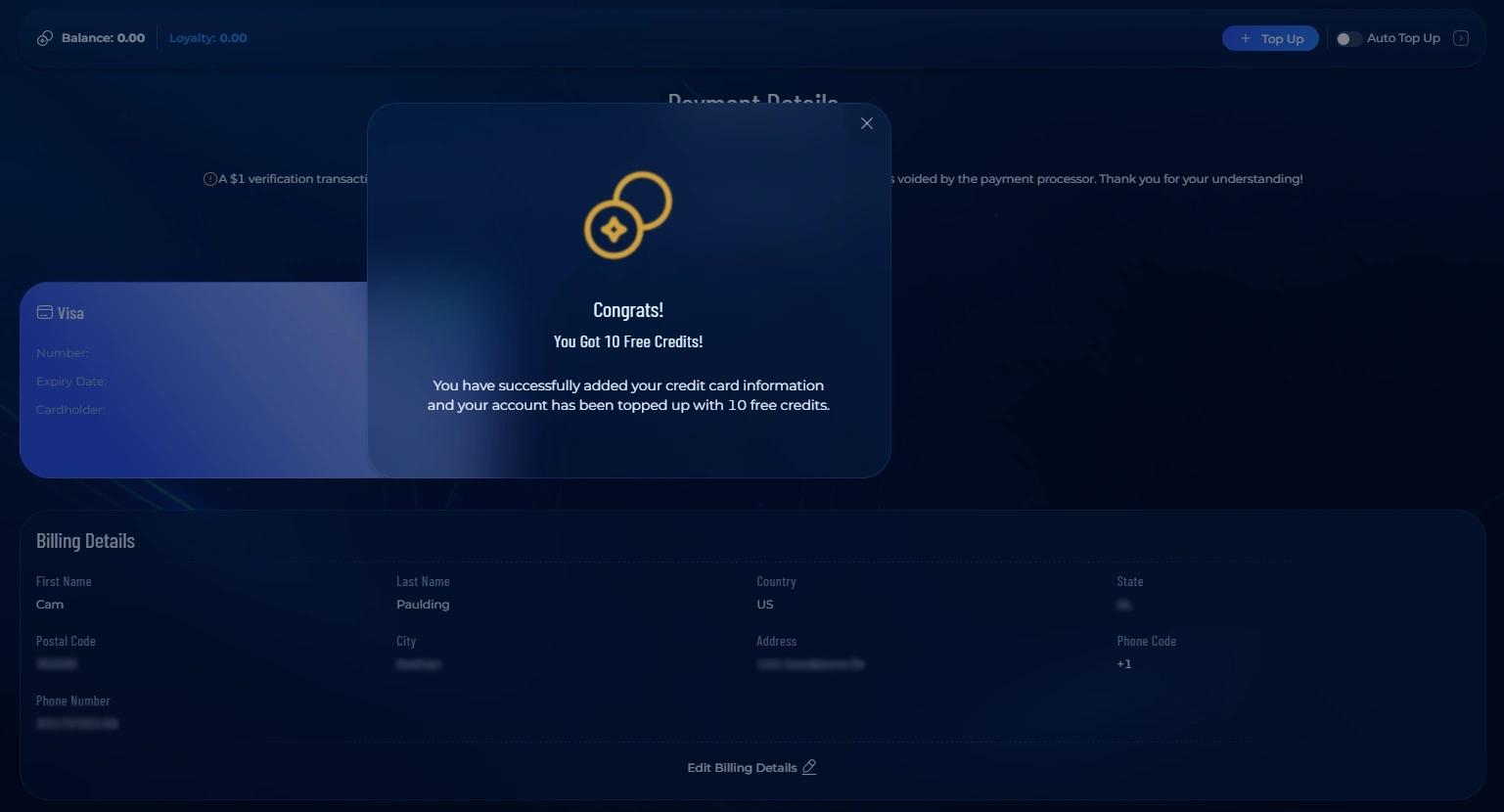 AstraBit confirmation showing 10 free Credits granted for adding a payment card.