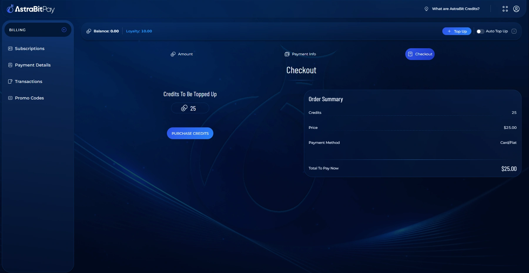 AstraBit invoice screen confirming the Credit top-up before purchase.