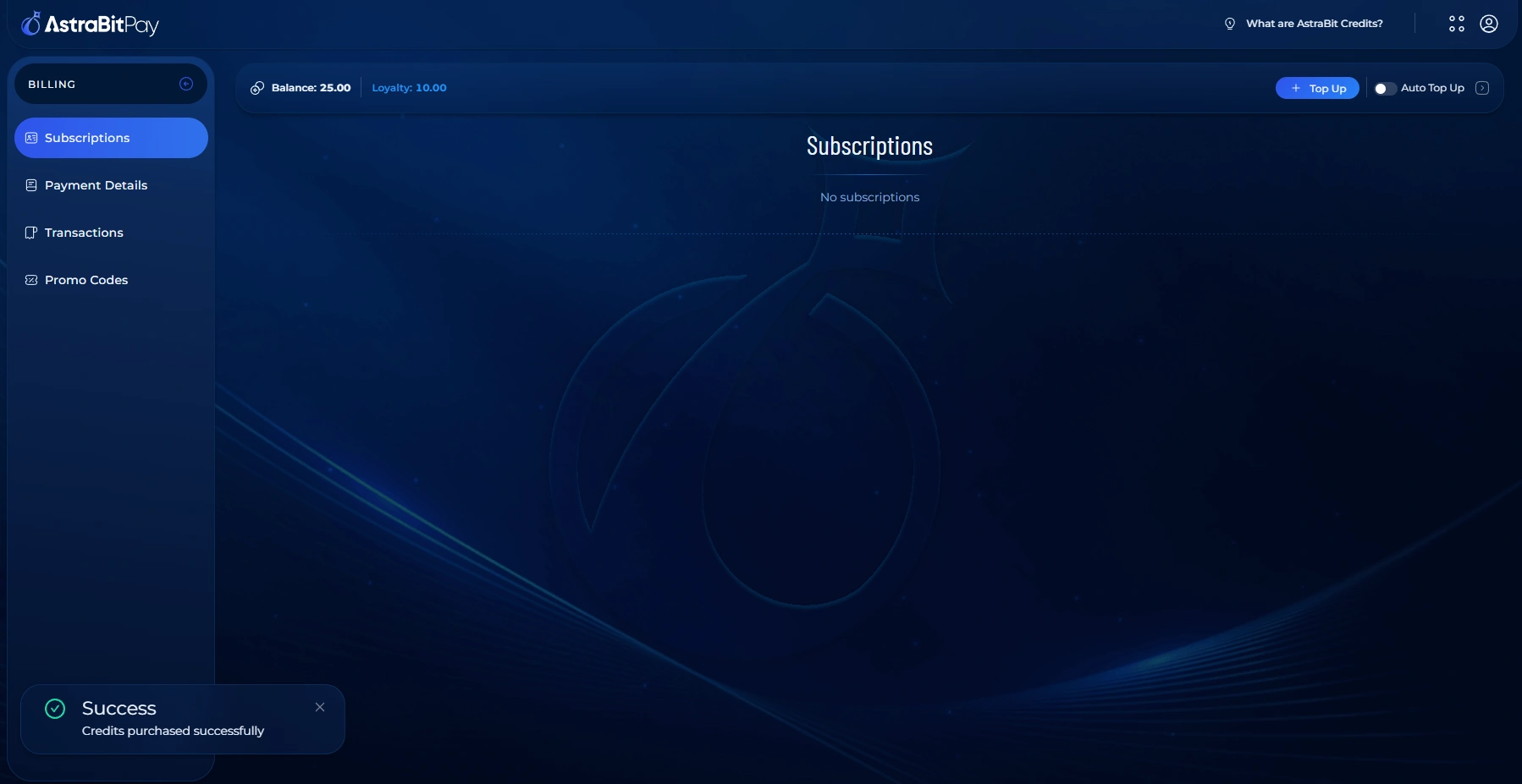AstraBit success screen showing new Credits added to the account balance.