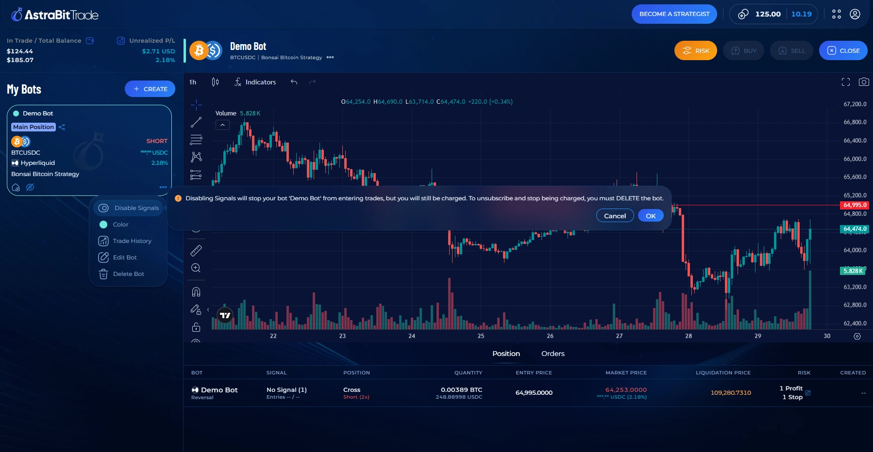AstraBit confirmation prompt warning that disabling signals stops new trades but billing continues.
