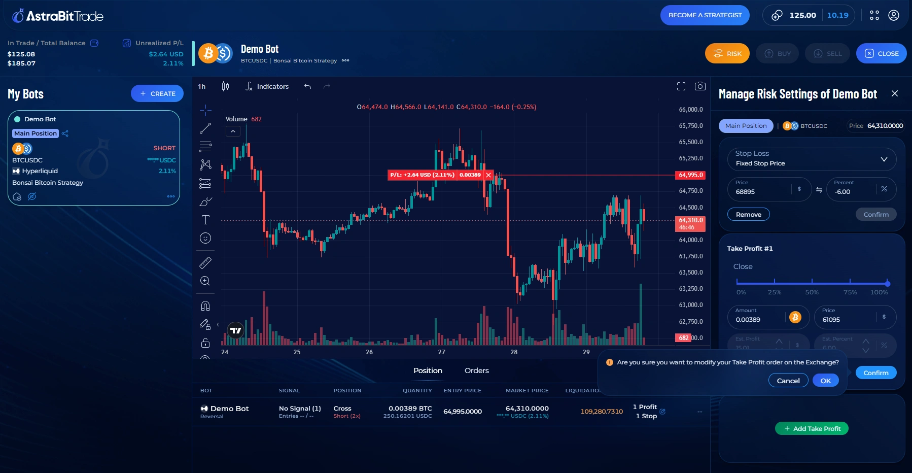 AstraBit trading bot showing updated risk management settings applied to the live bot.