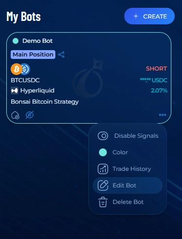 AstraBit Edit Bot wizard open with the trading bot's current settings ready to edit.