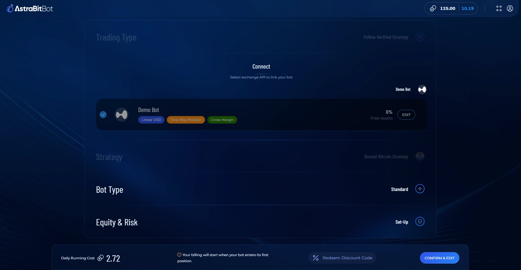 AstraBit Edit Bot wizard showing the API connection settings for the trading bot.
