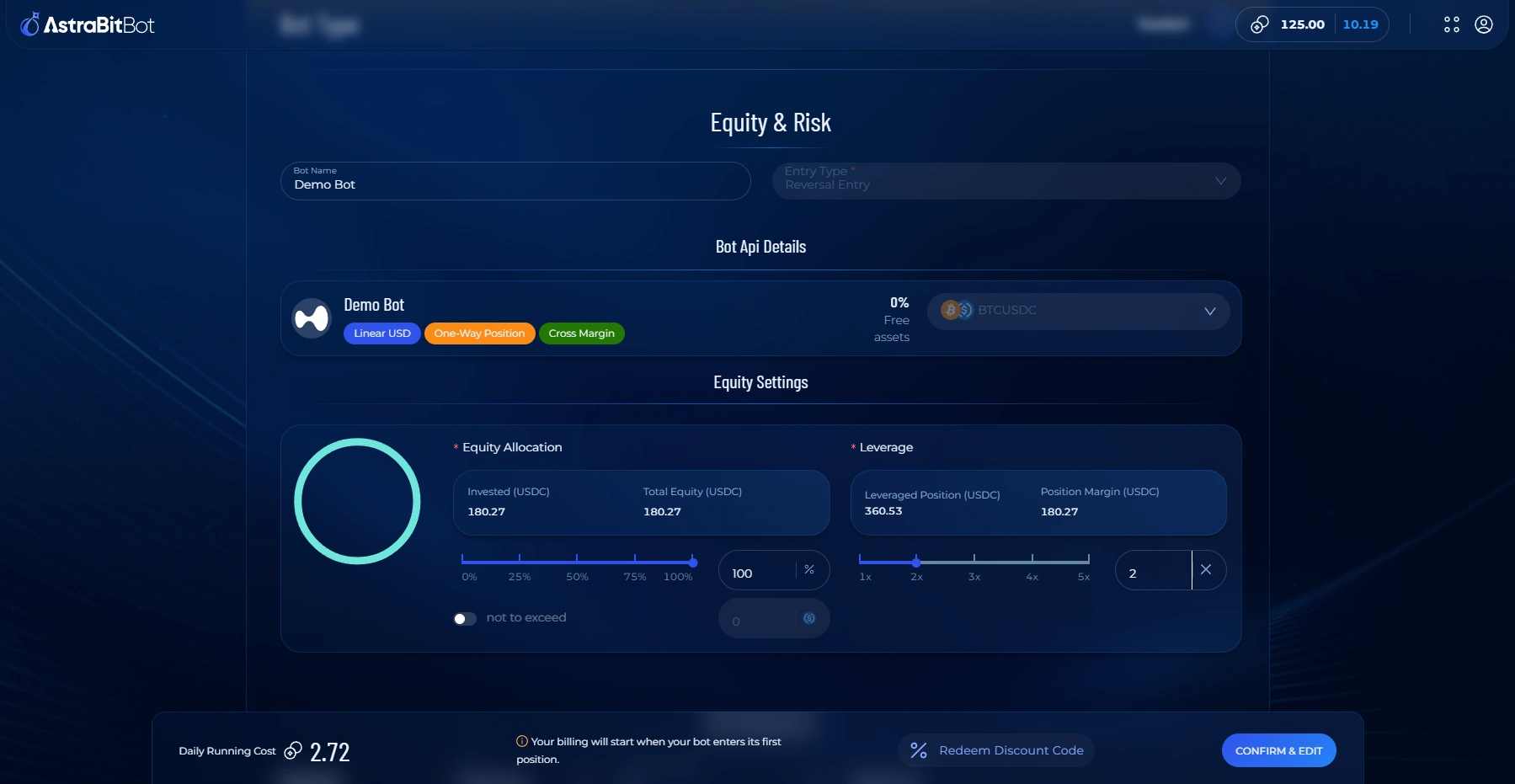 AstraBit Edit Bot wizard showing equity allocation and leverage settings.