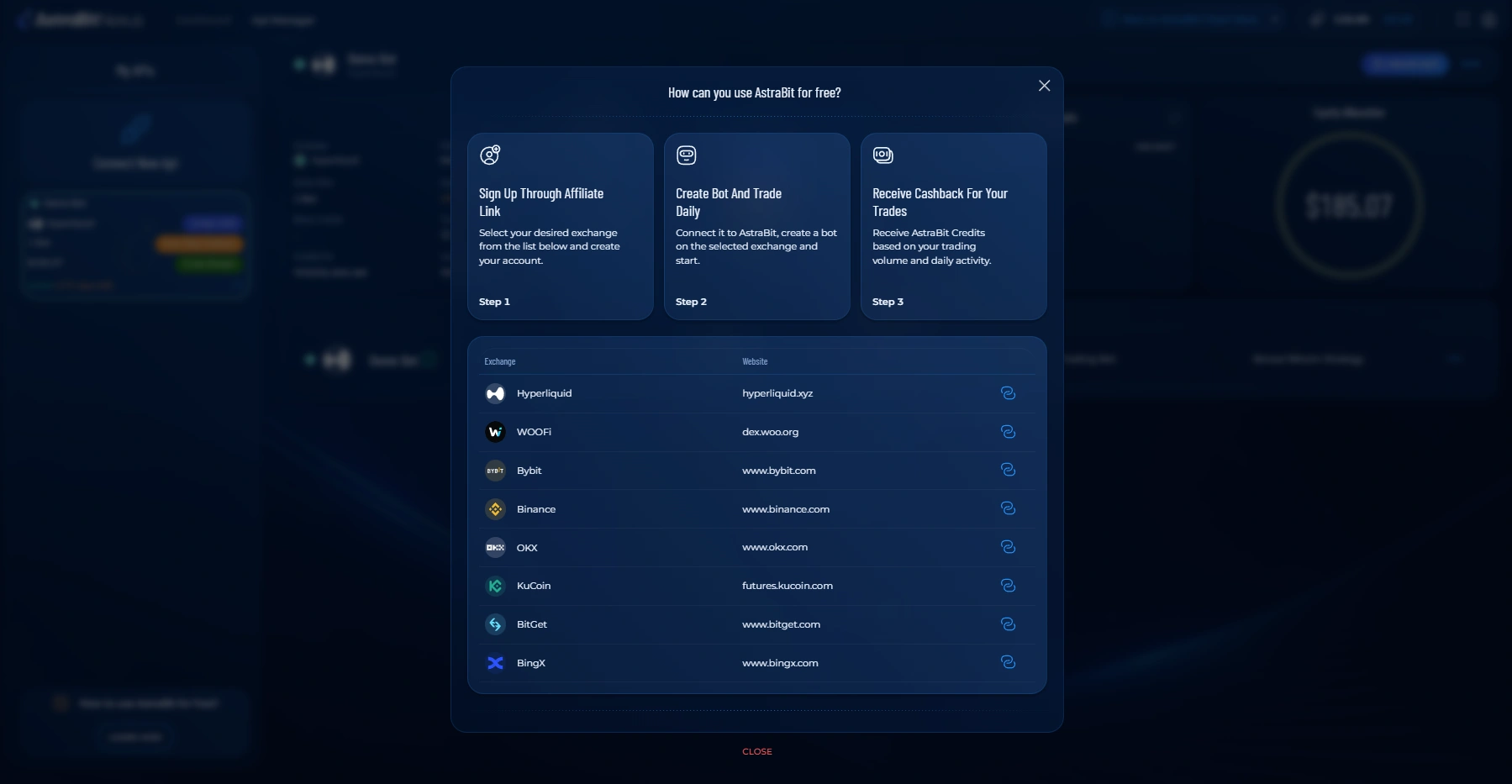 AstraBit list of exchanges eligible for the Freemium program.