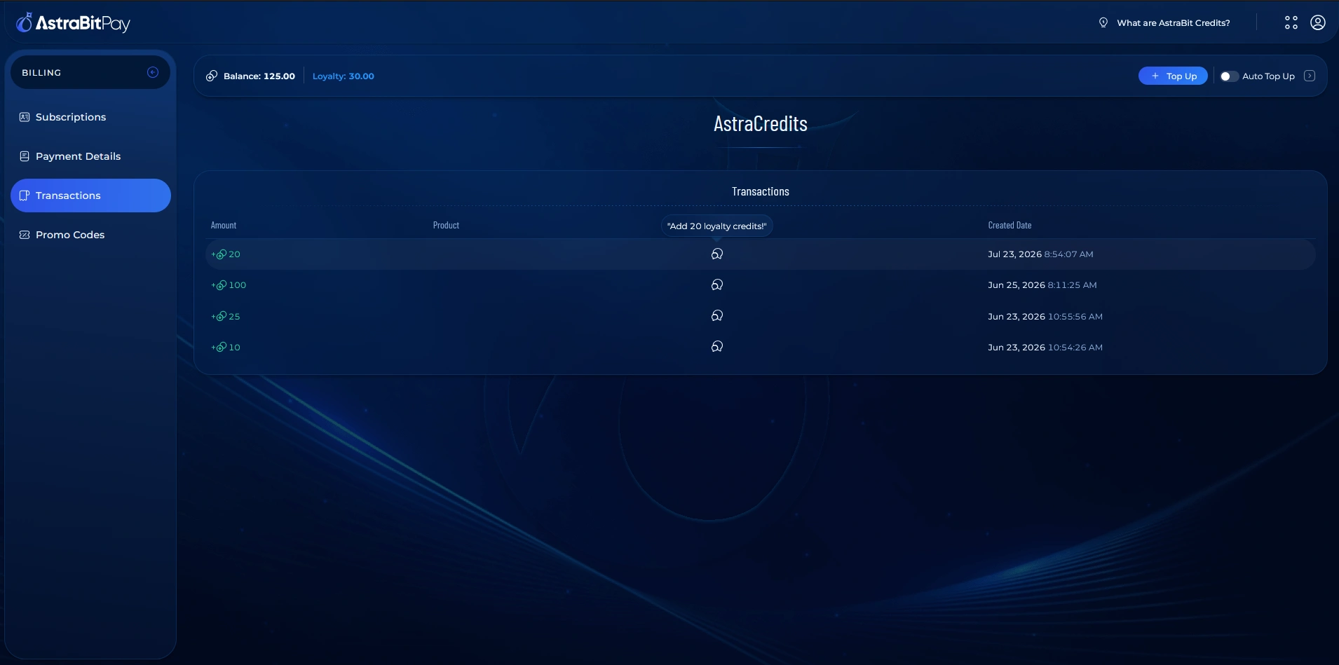 AstraBit account showing a Loyalty Credit transaction added to the balance.